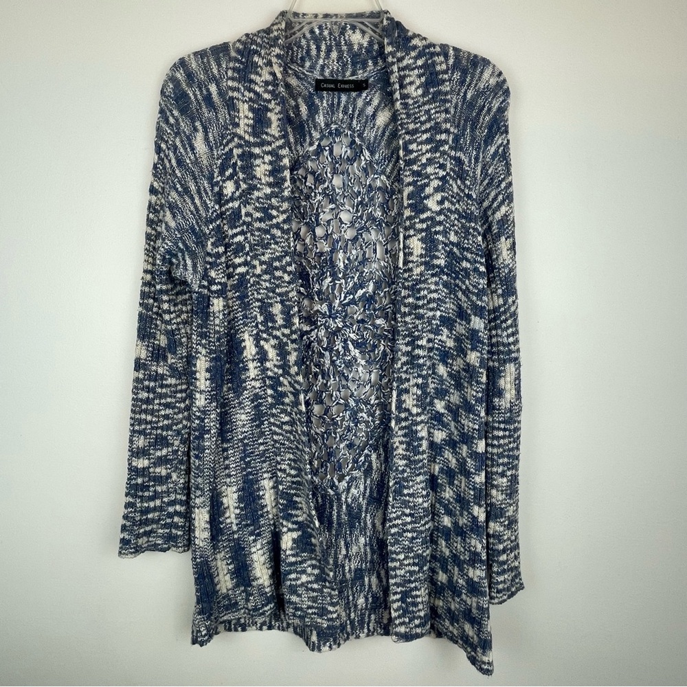 Casual Express Women’s Small Blue White Open Front Crochet Back Cardigan